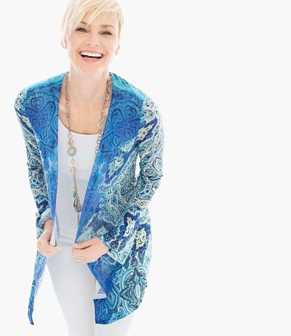 NWT Chico's 0 Renee Cardigan Sweater Blue Dip Dye Medallion Size S